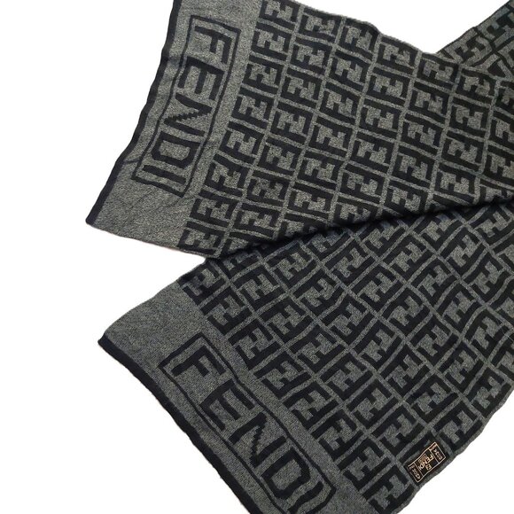 Vintage FENDI Black & Gray Reversible Monogram Scarf with Logo Accent - Picture 1 of 11